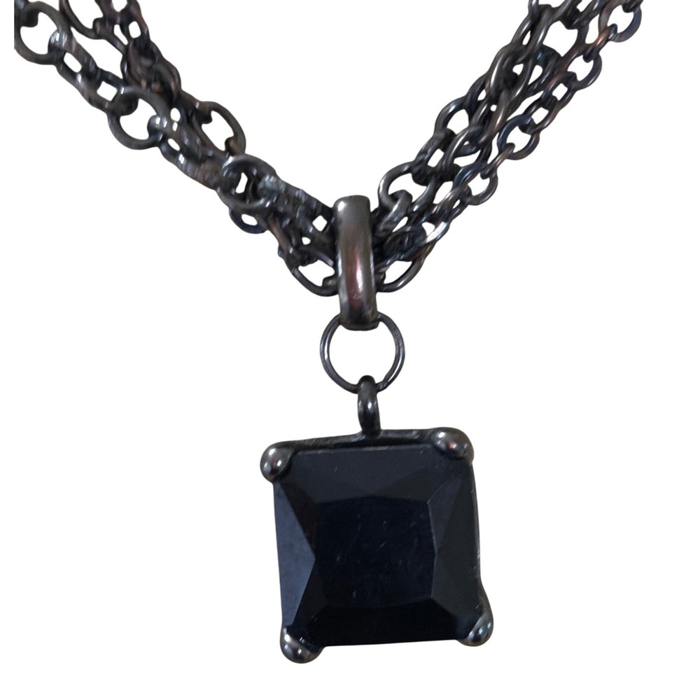 New York & Company Triple Strand Gunmetal Necklace Square Black Pendant NY&C